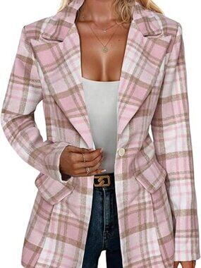 Mina Self Pink Plaid Tartan Flannel Blazer with Full Lining Size Large